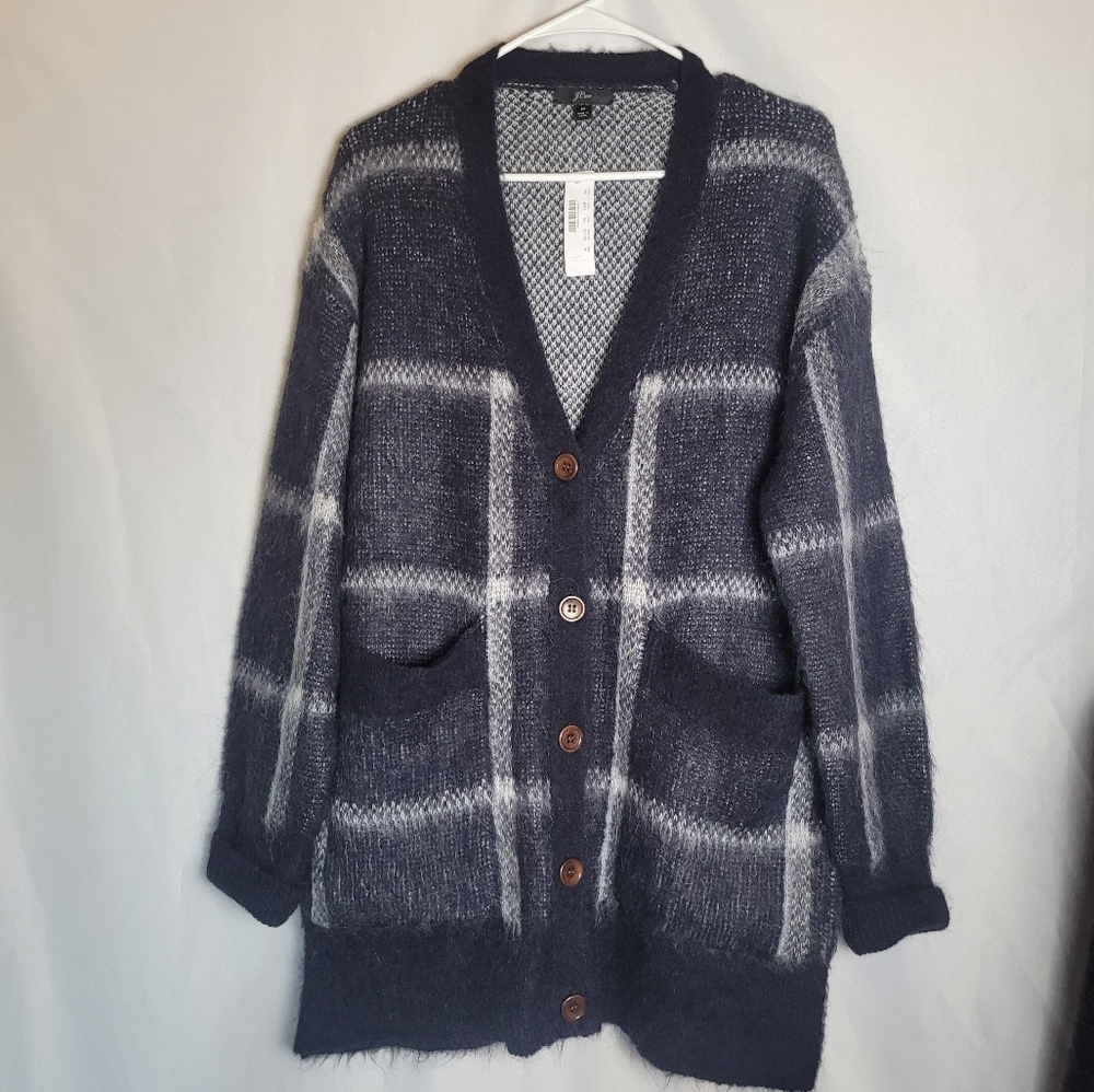 NWT J.Crew Wool/Mohair Plaid Windowpane Oversized Buttonup Vneck Cardigan M